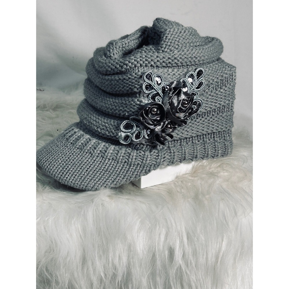 C.C Exclusives Womens Grey Knit Visor Beanie Hat Floral Rose Accent Newsboy